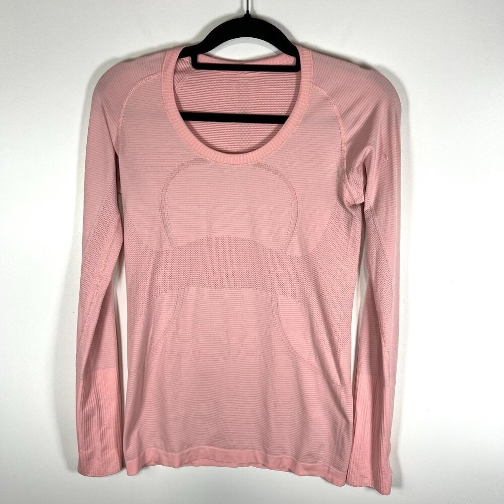Lululemon Swiftly Tech Long Sleeve Crew Sz 8‎ Pink Thumbholes Workout Yoga